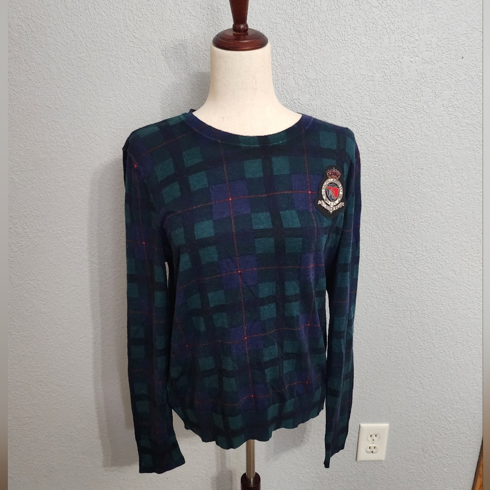 Ralph Lauren Green & Navy Plaid Crewneck with Embroidered Crest
